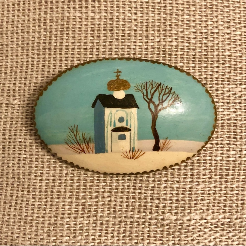 Vintage Hand-painted Brooch Winter Church Scene